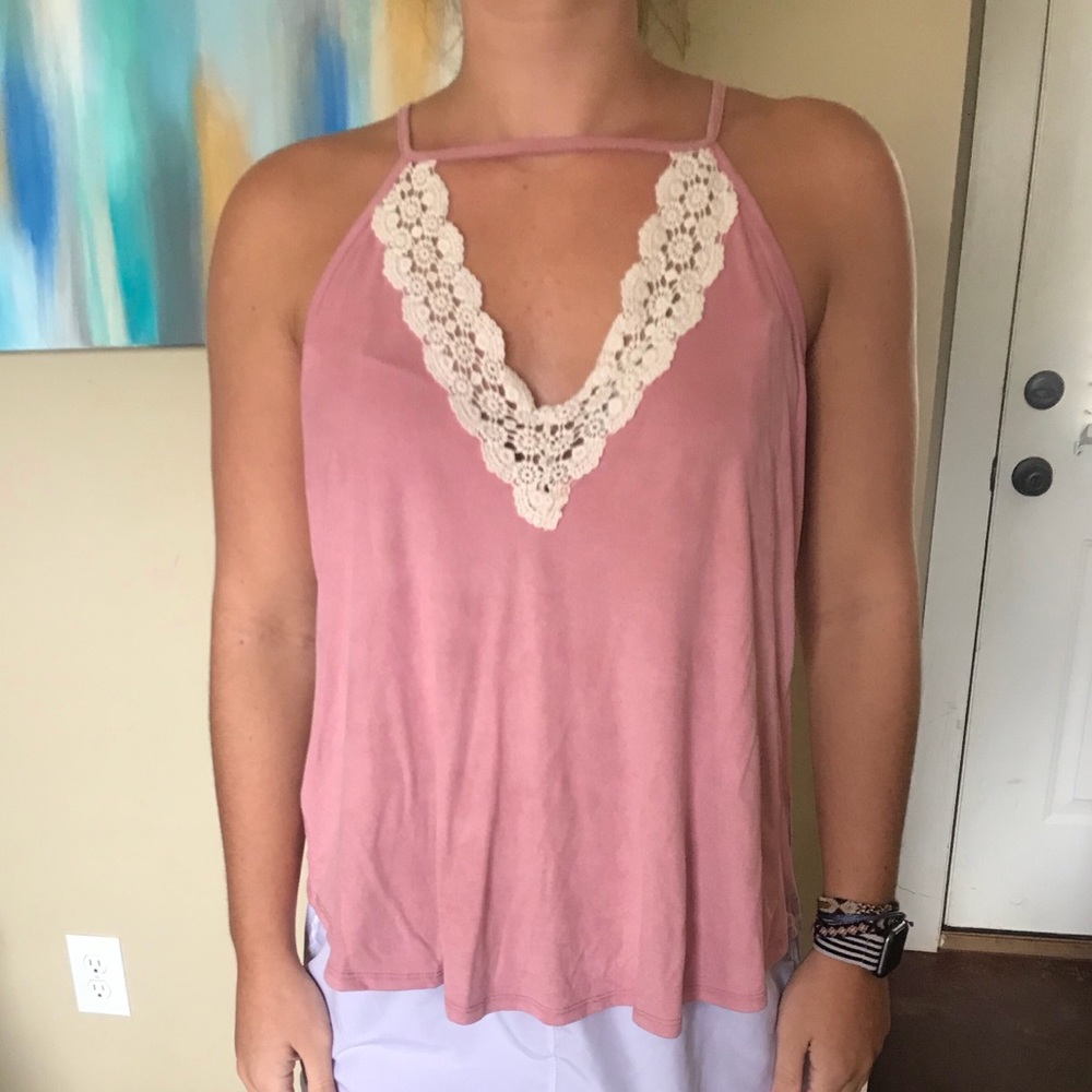 Pink faux suede tank top with lace detail - Picture 1 of 2